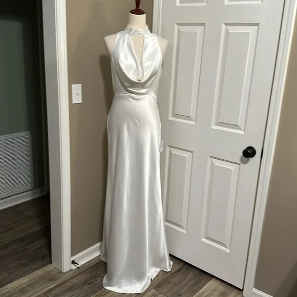 Lulus Gorgeous Vow White Satin Mock Neck Cowl Mermaid Maxi Dress - Picture 5 of 12